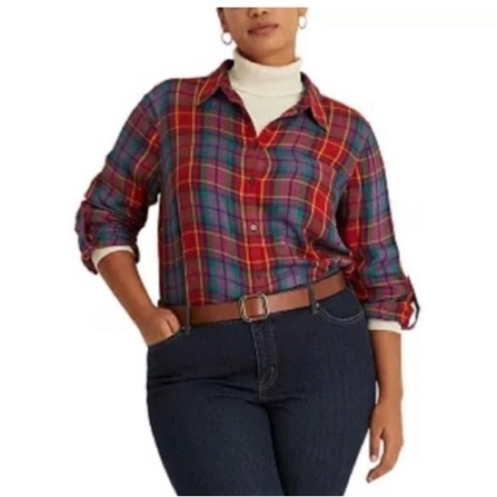 Lauren Ralph Lauren Black Label Plaid‎ Roll-Tab-Sleeve Twill Shirt 2X